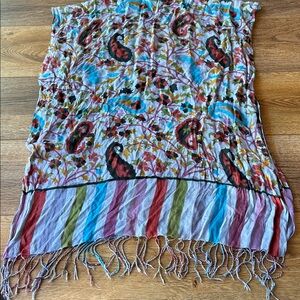 Floral Paisley Tassel Scarf /Wrap with Multicolor Stripe Border  28x72